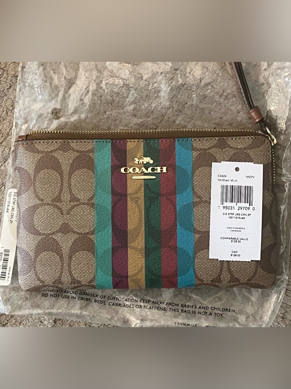 Coach Large Corner Zip Wristlet In Signature Stripe Leather Khaki C5624